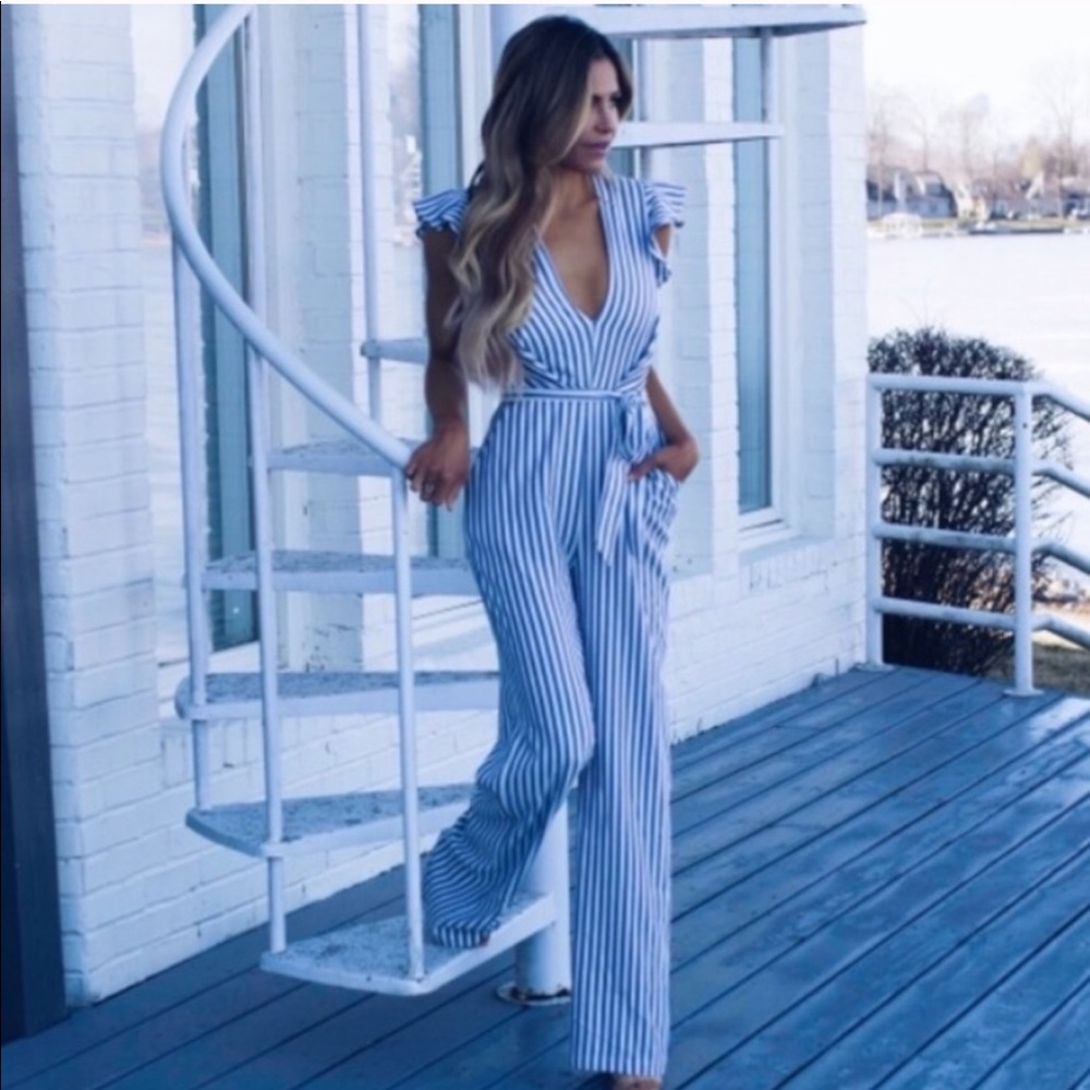 Striped Blue V-Neck Jumpsuit with Tie Waist